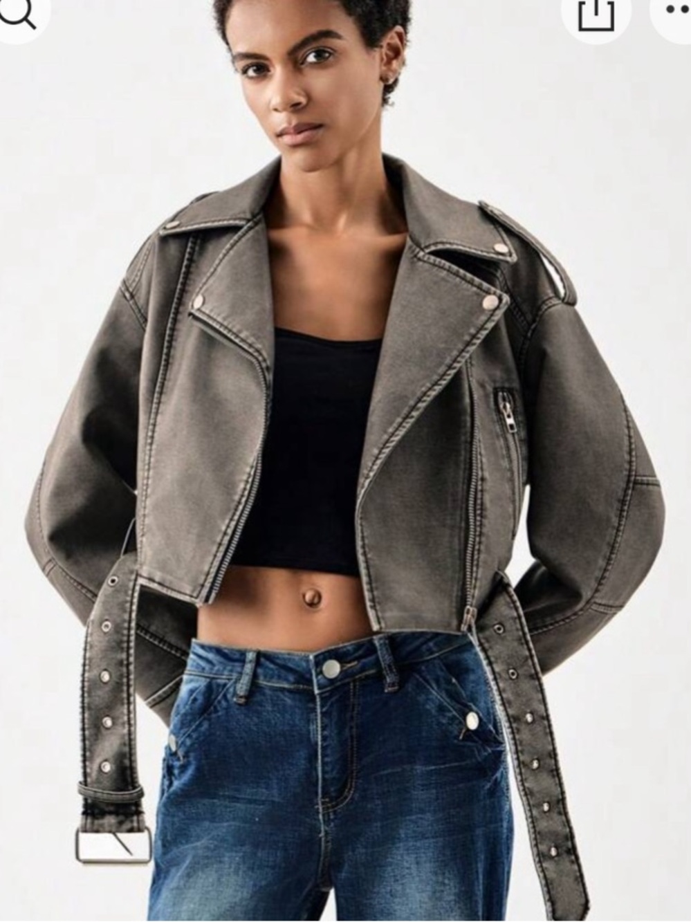 SHEIN Washed Gray Cropped Moto Leather Jacket